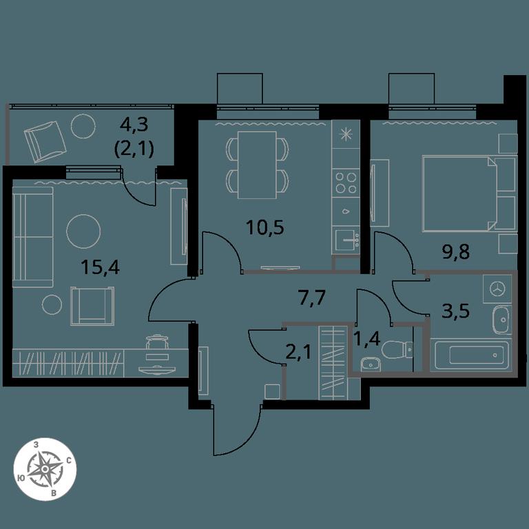 2-BD Apartment Sale, 52.5平方米 at Pervy Yuzhny, zhiloy kompleks Pervy Yuzhny, Leninskiy City District, Moscow Region, Russia #1