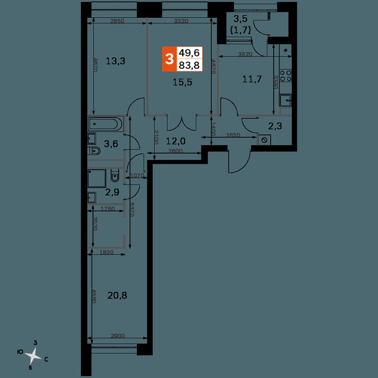 2-BD Apartment Sale, 83.6 sq. m. at Sky Garden, Stroitelny Drive, 9с6, Moscow, Russia #1