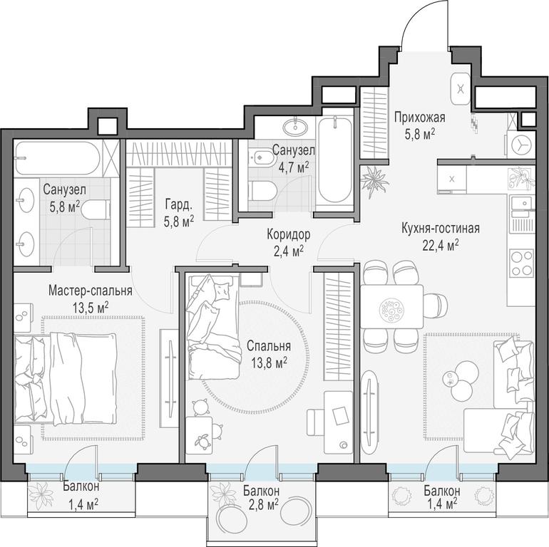 1-BD Apartment Sale, 75.4 sq. m. at Tishinskiy bulvar, Gruzinsky Val Street, 10, Moscow, Russia #1