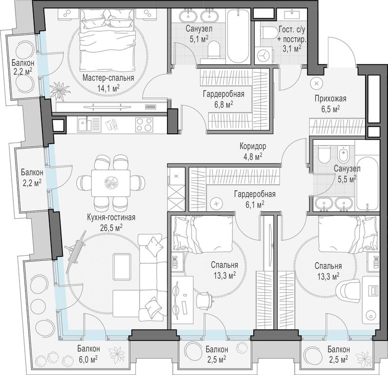 2-BD Apartment Sale, 111.4 sq. m. at Tishinskiy bulvar, Gruzinsky Val Street, 10, Moscow, Russia #1