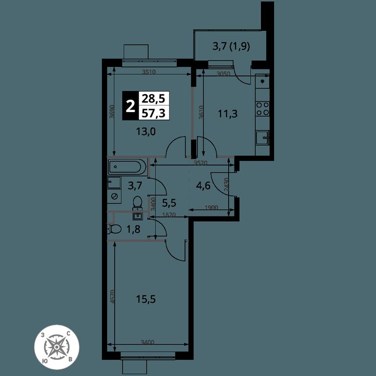 2-BD Apartment Sale, 57.3 sq. m. at Pervy Sheremetevskij, Komsomolskaya Street, 16, Khimki, Moscow Region, Russia #1