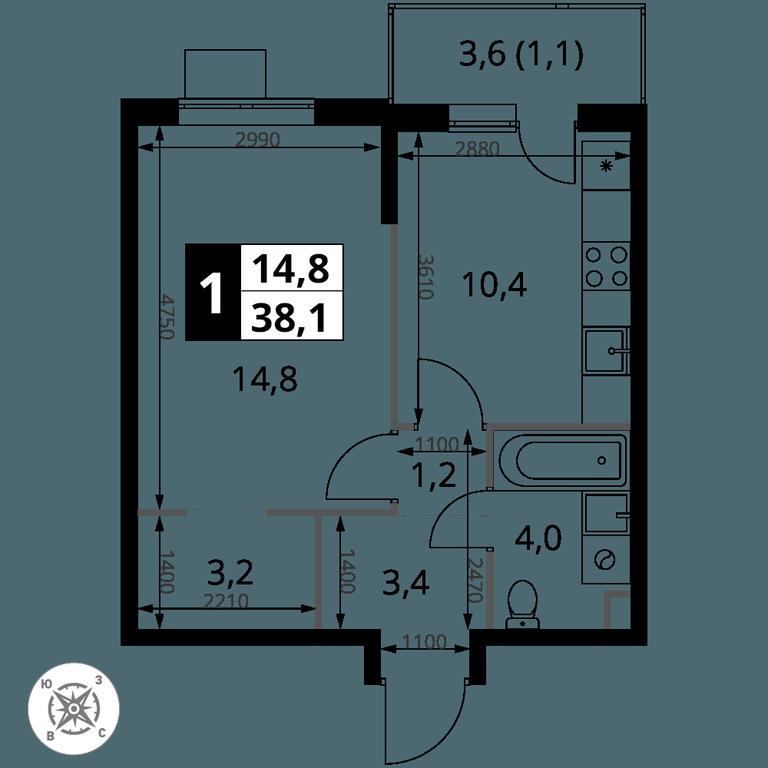 1-BD Apartment Sale, 38.1 sq. m. at Pervy Sheremetevskij, Komsomolskaya Street, 16, Khimki, Moscow Region, Russia #1