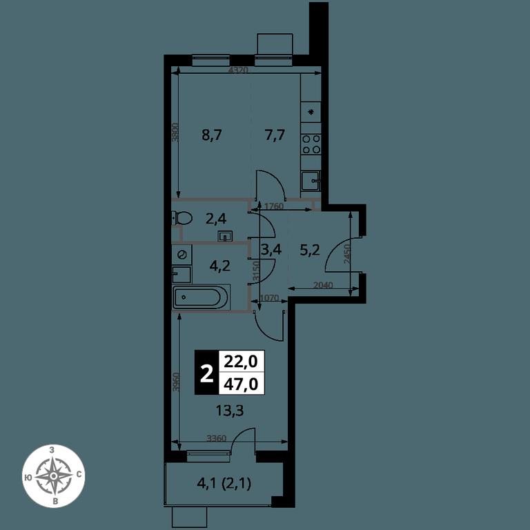 2-BD Apartment Sale, 47 sq. m. at Pervy Sheremetevskij, Komsomolskaya Street, 16, Khimki, Moscow Region, Russia #1