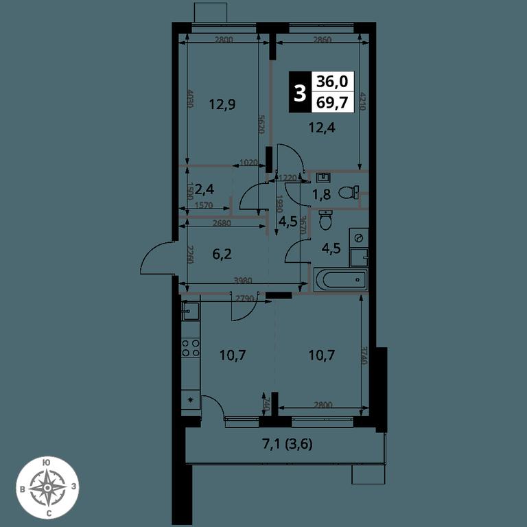 3-BD Apartment Sale, 69.7 sq. m. at Pervy Sheremetevskij, Komsomolskaya Street, 16, Khimki, Moscow Region, Russia #1