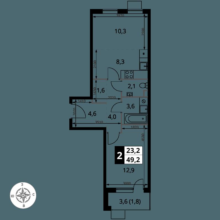 2-BD Apartment Sale, 49.2 sq. m. at Pervy Sheremetevskij, Komsomolskaya Street, 16, Khimki, Moscow Region, Russia #1