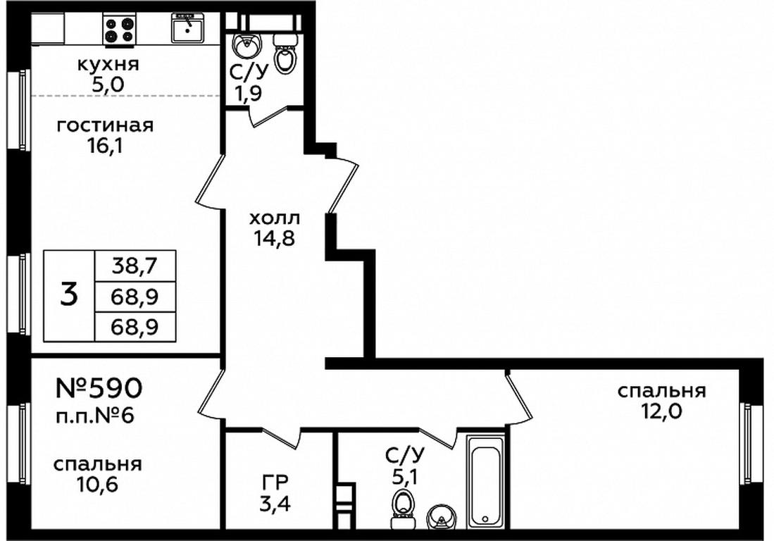 2-BD Apartment Sale, 68.7 sq. m. at Eko Bunino, prospekt Kuprina, 34к1, Sosenskoye Settlement, Moscow, Russia #1