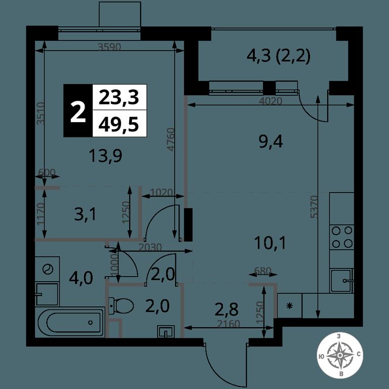 2-BD Apartment Sale, 49.5平方米 at Pervy Sheremetevskij, Komsomolskaya Street, 16, Khimki, Moscow Region, Russia #1