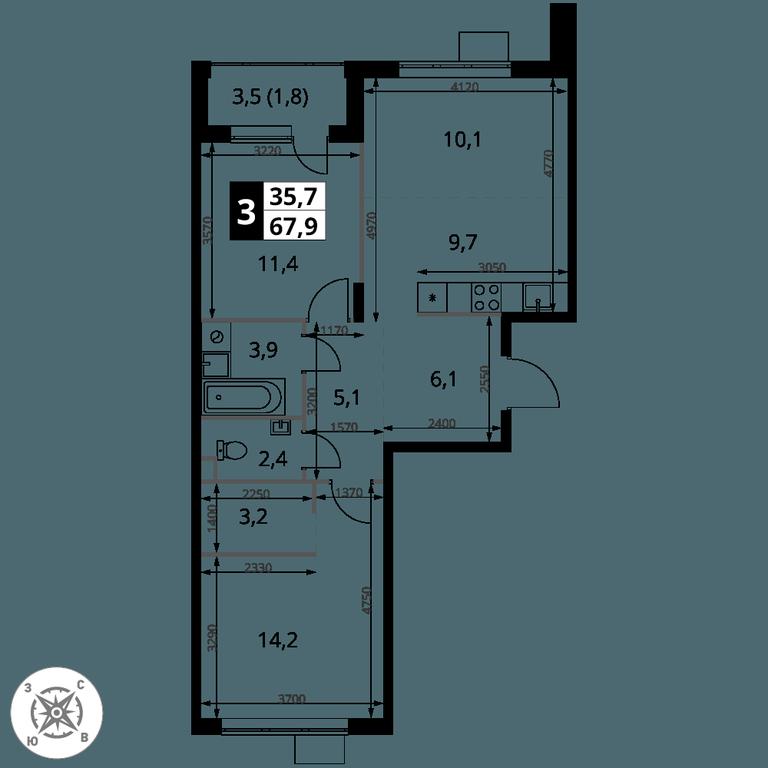 3-BD Apartment Sale, 67.9 sq. m. at Pervy Sheremetevskij, Komsomolskaya Street, 16, Khimki, Moscow Region, Russia #1