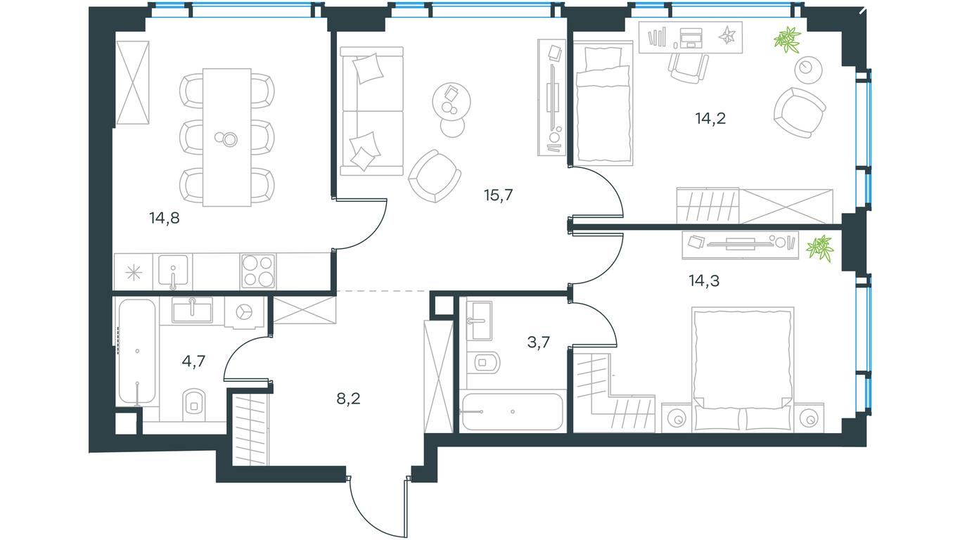 2-BD Apartment Sale, 75.6平方米 at Level Michurinskiy, Озёрная улица, вл1, Москва, Россия #1