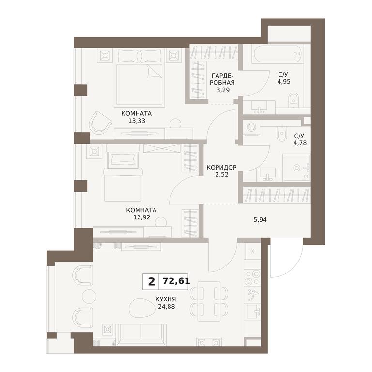 2-BD Apartment Sale, 72.61平方米 at The Five, 5th Donskoy Drive, вл21к6, Moscow, Russia #1