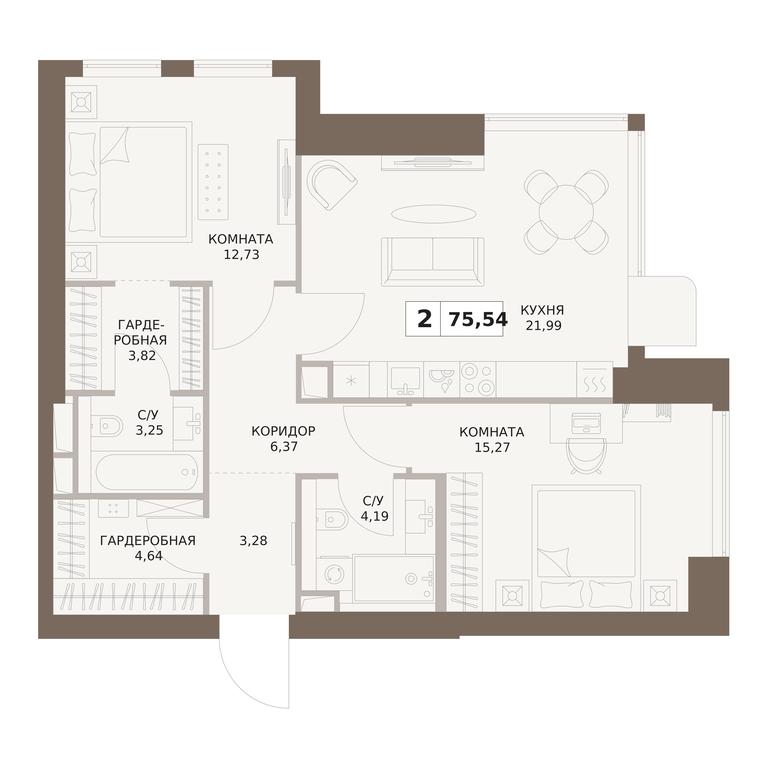 2-BD Apartment Sale, 75.09平方米 at The Five, 5th Donskoy Drive, вл21к6, Moscow, Russia #1
