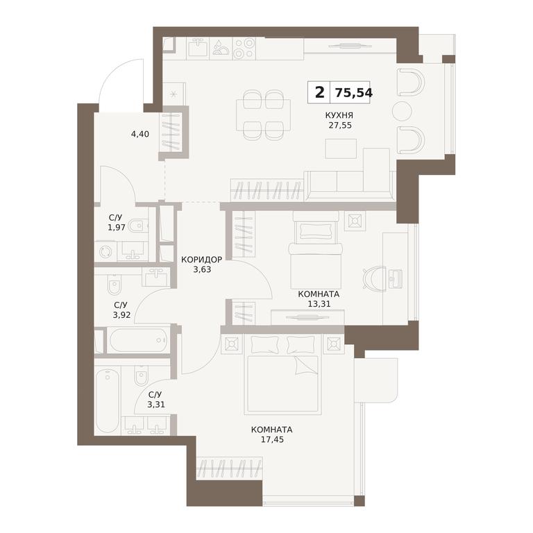 2-BD Apartment Sale, 75.54平方米 at The Five, 5th Donskoy Drive, вл21к6, Moscow, Russia #1