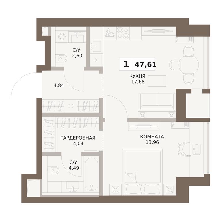 1-BD Apartment Sale, 47.61平方米 at The Five, 5th Donskoy Drive, вл21к6, Moscow, Russia #1