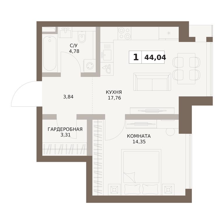 1-BD Apartment Sale, 44.04平方米 at The Five, 5th Donskoy Drive, вл21к6, Moscow, Russia #1
