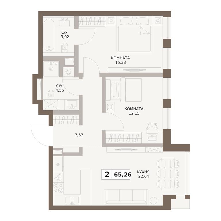 2-BD Apartment Sale, 65.26平方米 at The Five, 5th Donskoy Drive, вл21к6, Moscow, Russia #1
