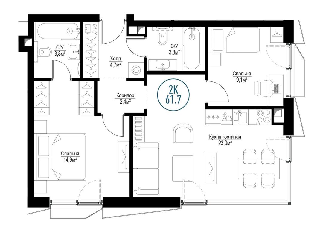 2-BD Apartment Sale, 60.8平方米 at Metropoliya, Volgogradsky Avenue, 32/3к1, Moscow, Russia #1