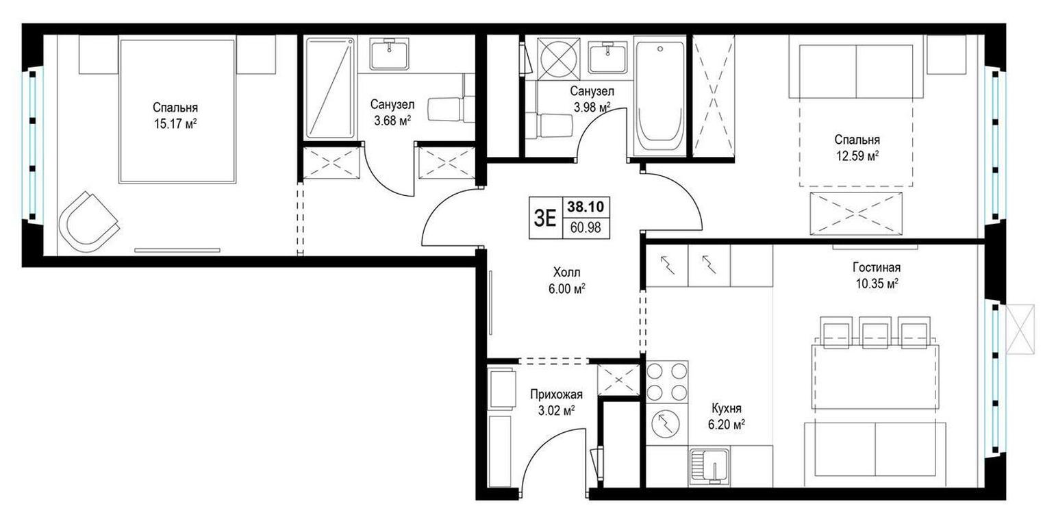 2-BD Apartment Sale, 61.2平方米 at Eko Vidnoe 2.0, kvartal Tsentralny, 1, Kupelinka Subdistrict, derevnya Sapronovo, Leninskiy City District, Moscow Region, Russia #1
