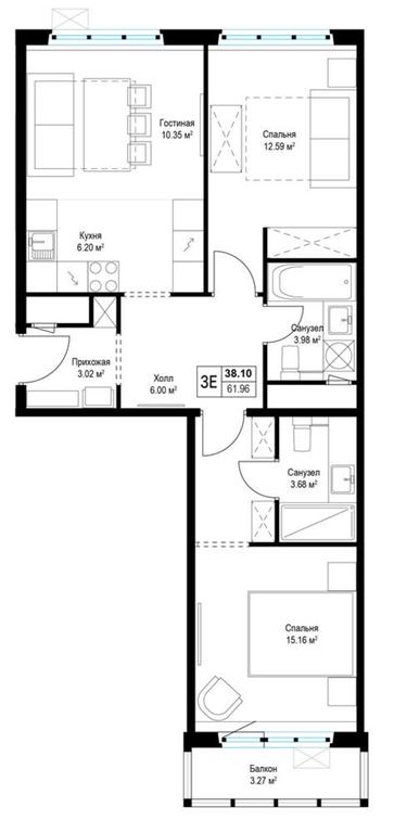 2-BD Apartment Sale, 62平方米 at Eko Vidnoe 2.0, kvartal Tsentralny, 1, Kupelinka Subdistrict, derevnya Sapronovo, Leninskiy City District, Moscow Region, Russia #1 2-BD Apartment Sale, 62平方米 at Eko Vidnoe 2.0, kvartal Tsentralny, 1, Kupelinka Subdistrict, derevnya Sapronovo, Leninskiy City District, Moscow Region, Russia #1