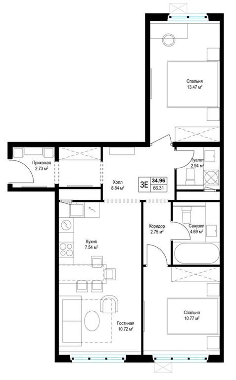 2-BD Apartment Sale, 66 sq. m. at Eko Vidnoe 2.0, kvartal Tsentralny, 1, Kupelinka Subdistrict, derevnya Sapronovo, Leninskiy City District, Moscow Region, Russia #2 2-BD Apartment Sale, 66 sq. m. at Eko Vidnoe 2.0, kvartal Tsentralny, 1, Kupelinka Subdistrict, derevnya Sapronovo, Leninskiy City District, Moscow Region, Russia #2