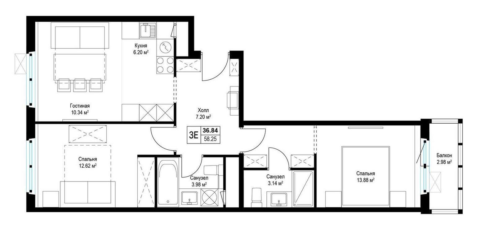 2-BD Apartment Sale, 66.1平方米 at Eko Vidnoe 2.0, kvartal Tsentralny, 1, Kupelinka Subdistrict, derevnya Sapronovo, Leninskiy City District, Moscow Region, Russia #1