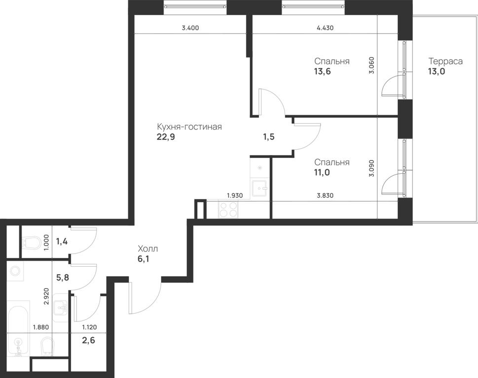 1-BD Apartment Sale, 68.8 sq. m. at Газопровод, Sosenskoye Settlement, Moscow, Russia #1