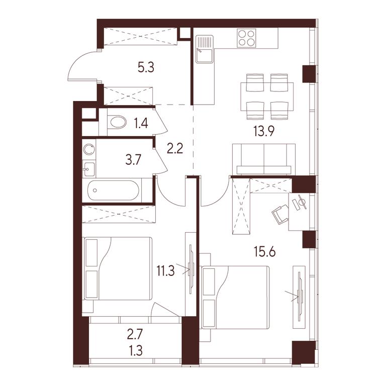 2-BD Apartment Sale, 54.7平方米 at INDY TOWERS (Indi Tauerz), Kuusinen Street, Moscow, Russia #1