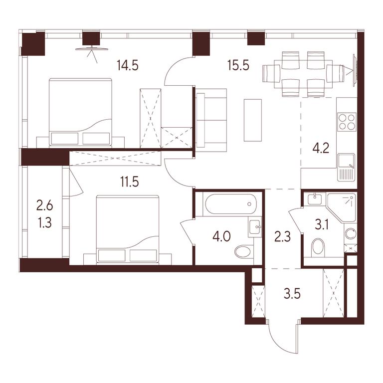 2-BD Apartment Sale, 59.9 sq. m. at INDY TOWERS (Indi Tauerz), Kuusinen Street, Moscow, Russia #1 2-BD Apartment Sale, 59.9 sq. m. at INDY TOWERS (Indi Tauerz), Kuusinen Street, Moscow, Russia #1