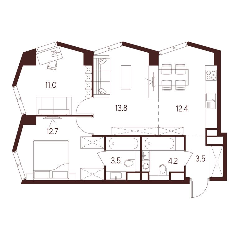 2-BD Apartment Sale, 61.1 sq. m. at INDY TOWERS (Indi Tauerz), Kuusinen Street, Moscow, Russia #1