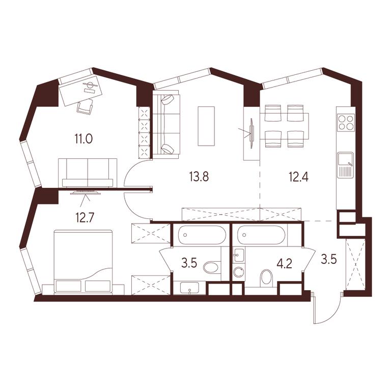 2-BD Apartment Sale, 61.1 sq. m. at INDY TOWERS (Indi Tauerz), Kuusinen Street, Moscow, Russia #1