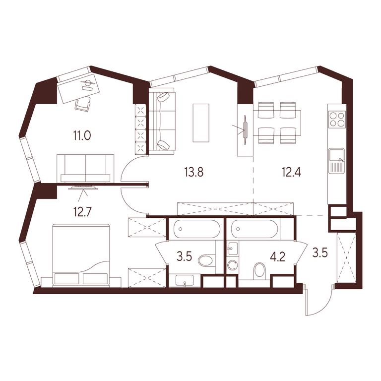 2-BD Apartment Sale, 61.1 sq. m. at INDY TOWERS (Indi Tauerz), Kuusinen Street, Moscow, Russia #1