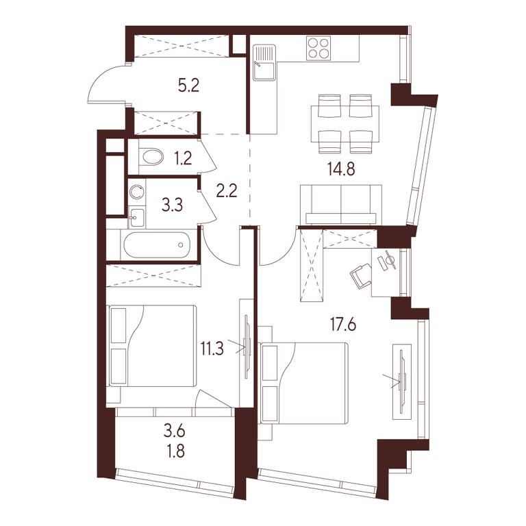 2-BD Apartment Sale, 57.4 sq. m. at INDY TOWERS (Indi Tauerz), Kuusinen Street, Moscow, Russia #1