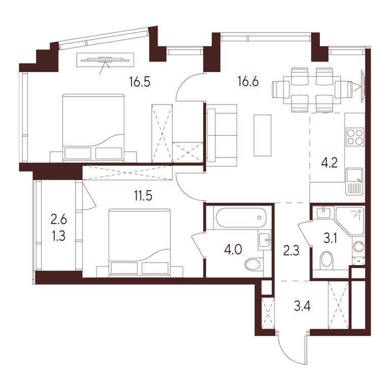 2-BD Apartment Sale, 62.9平方米 at INDY TOWERS (Indi Tauerz), Kuusinen Street, Moscow, Russia #1