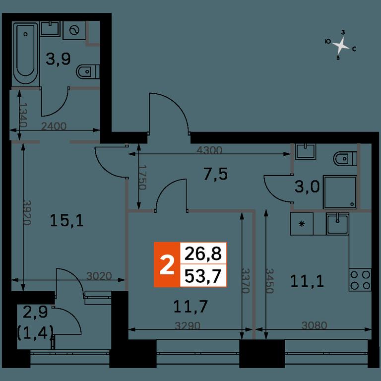 2-BD Apartment Sale, 53.6平方米 at Sky Garden, Stroitelny Drive, 9с6, Moscow, Russia #1