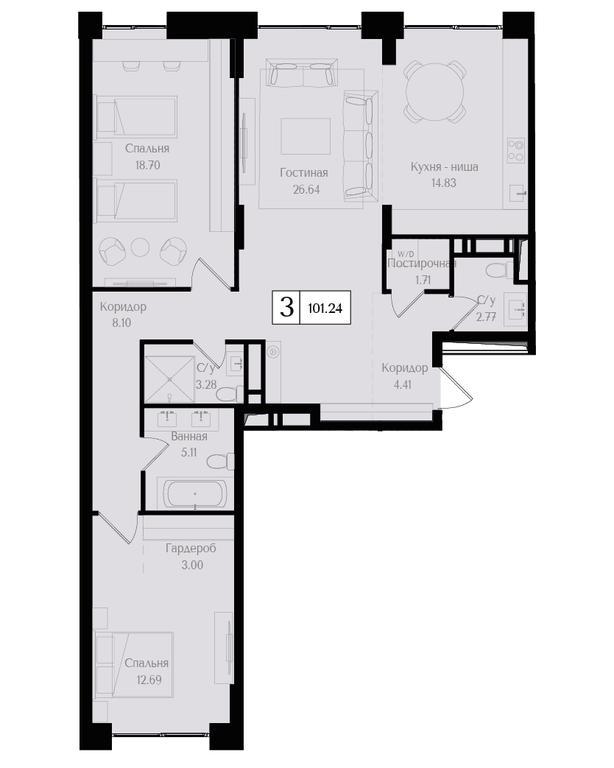 2-BD Apartment Sale, 101.2 sq. m. at Preobrazhenskaya ploschad, 1st Bukhvostova Street, Moscow, Russia #1