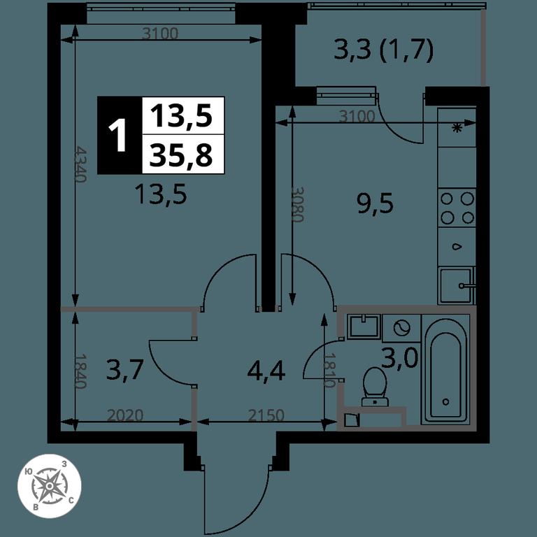 1-BD Apartment Sale, 35.8平方米 at Pervy Donskoj, zhiloy mikrorayon Sapronovo, derevnya Sapronovo, Leninskiy City District, Moscow Region, Russia #2