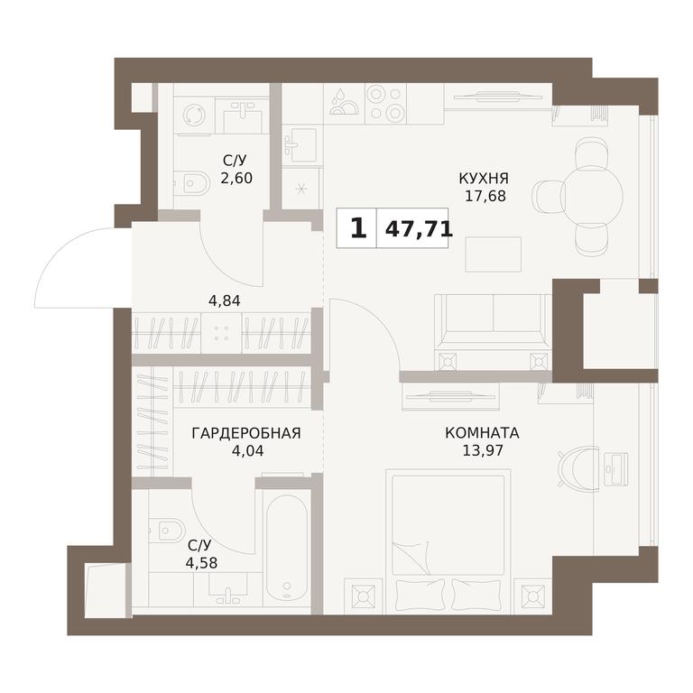 1-BD Apartment Sale, 47.71平方米 at The Five, 5th Donskoy Drive, вл21к6, Moscow, Russia #1
