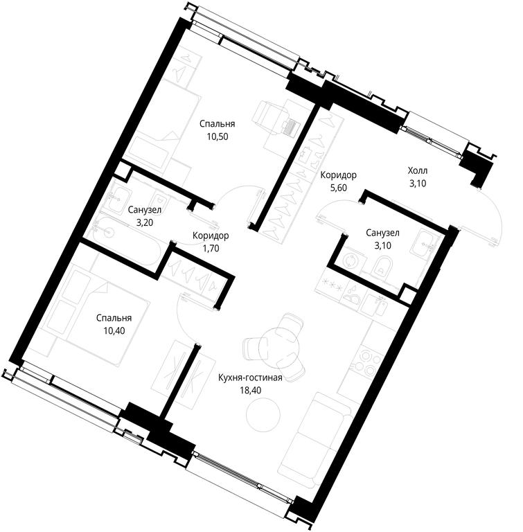 2-BD Apartment Sale, 56平方米 at Multikvartal CITYZEN, Vishnyovaya Street, Moscow, Russia #1