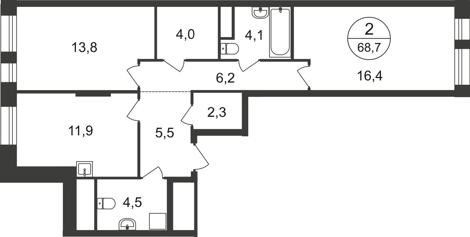 2-BD Apartment Sale, 68.7平方米 at Pervyi Moskovskiy, ulitsa Bianki, 1, Moskovskiy, Moscow, Russia #1