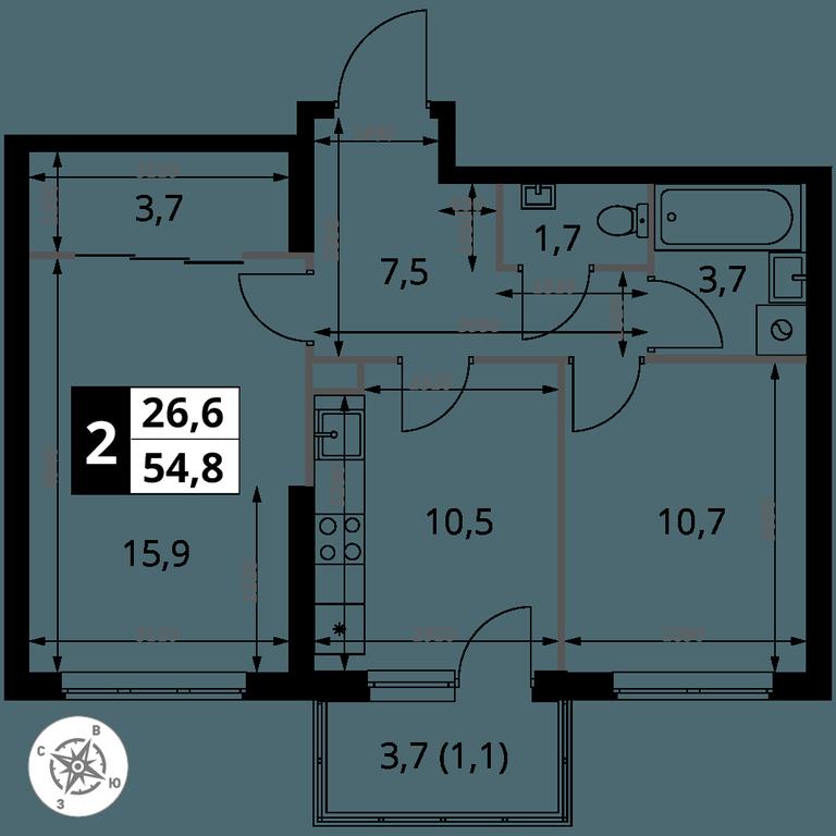 2-BD Apartment Sale, 54.8 sq. m. at 1 Izmajlovskij, Montazhnaya Street, 8с13, Moscow, Russia #2