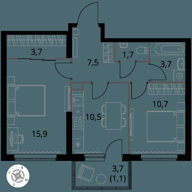 2-BD Apartment Sale, 54.8 sq. m. at 1 Izmajlovskij, Montazhnaya Street, 8с13, Moscow, Russia #1