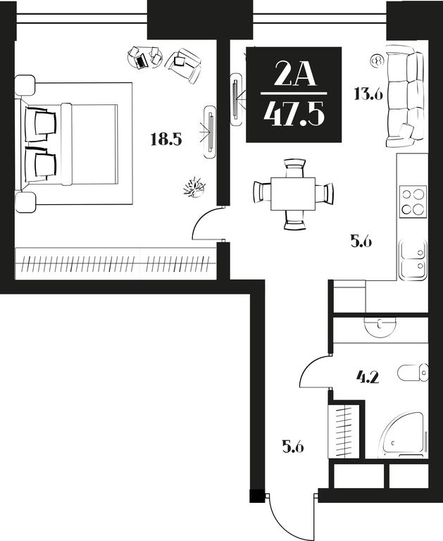1-BD Apartment Sale, 47.5 sq. m. at Deco Residence, Malaya Tulskaya Street, 2, Moscow, Russia #1