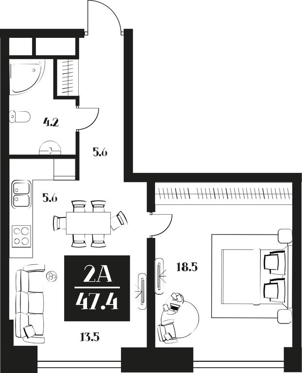 1-BD Apartment Sale, 47.4 sq. m. at Deco Residence, Malaya Tulskaya Street, 2, Moscow, Russia #1