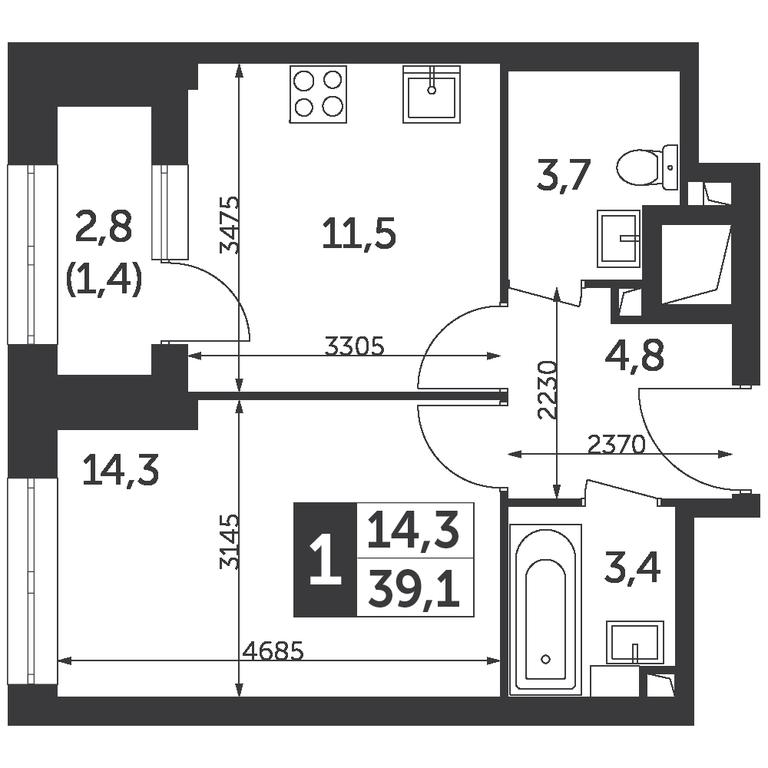 1-BD Apartment Sale, 39.1平方米 at Rezhisser, Vilgelma Pika Street, 3, Moscow, Russia #1