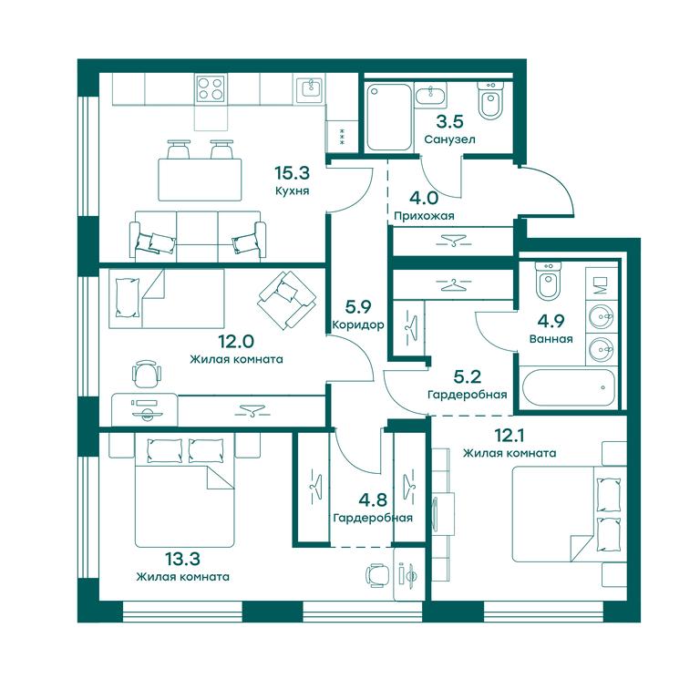 2-BD Apartment Sale, 81 sq. m. at Ravnovesie, zhiloy kompleks Ravnovesiye, selo Perkhushkovo, Odintsovskiy City District, Moscow Region, Russia #1