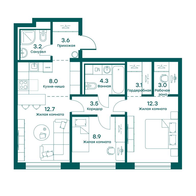 2-BD Apartment Sale, 62.6平方米 at Ravnovesie, zhiloy kompleks Ravnovesiye, selo Perkhushkovo, Odintsovskiy City District, Moscow Region, Russia #1