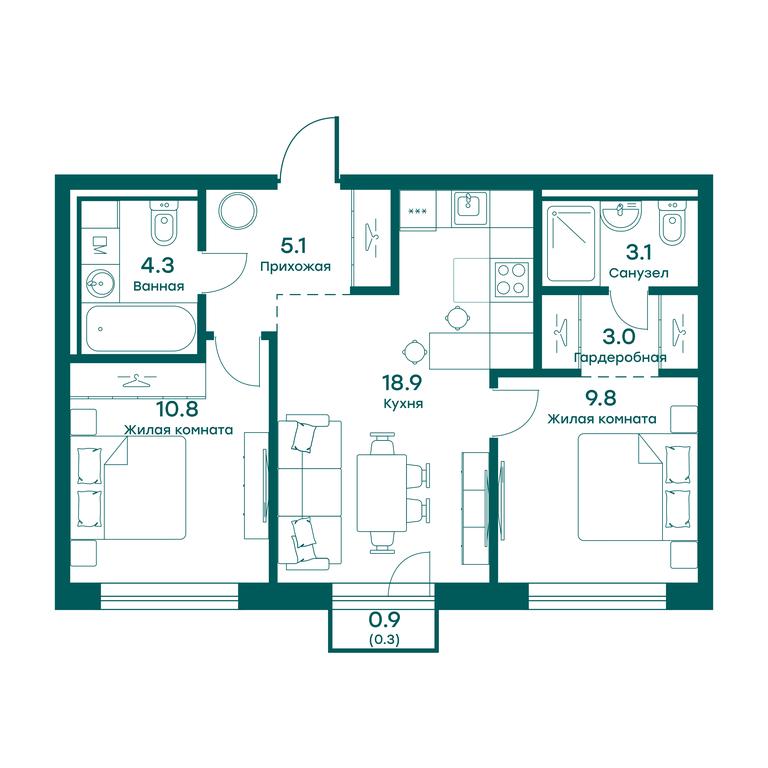 1-BD Apartment Sale, 55.3 sq. m. at Ravnovesie, zhiloy kompleks Ravnovesiye, selo Perkhushkovo, Odintsovskiy City District, Moscow Region, Russia #1