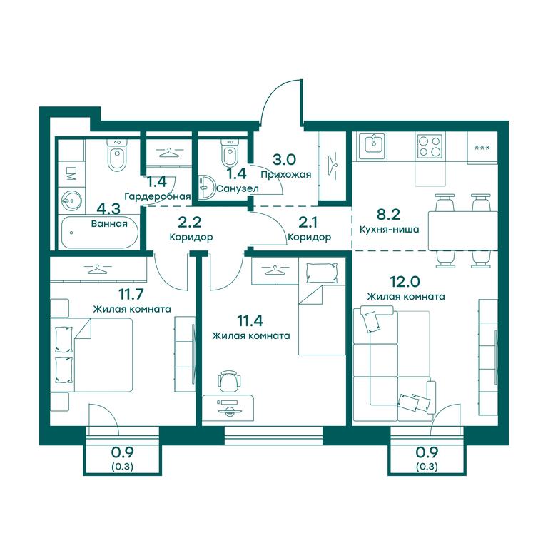 2-BD Apartment Sale, 58.3 sq. m. at Ravnovesie, zhiloy kompleks Ravnovesiye, selo Perkhushkovo, Odintsovskiy City District, Moscow Region, Russia #1