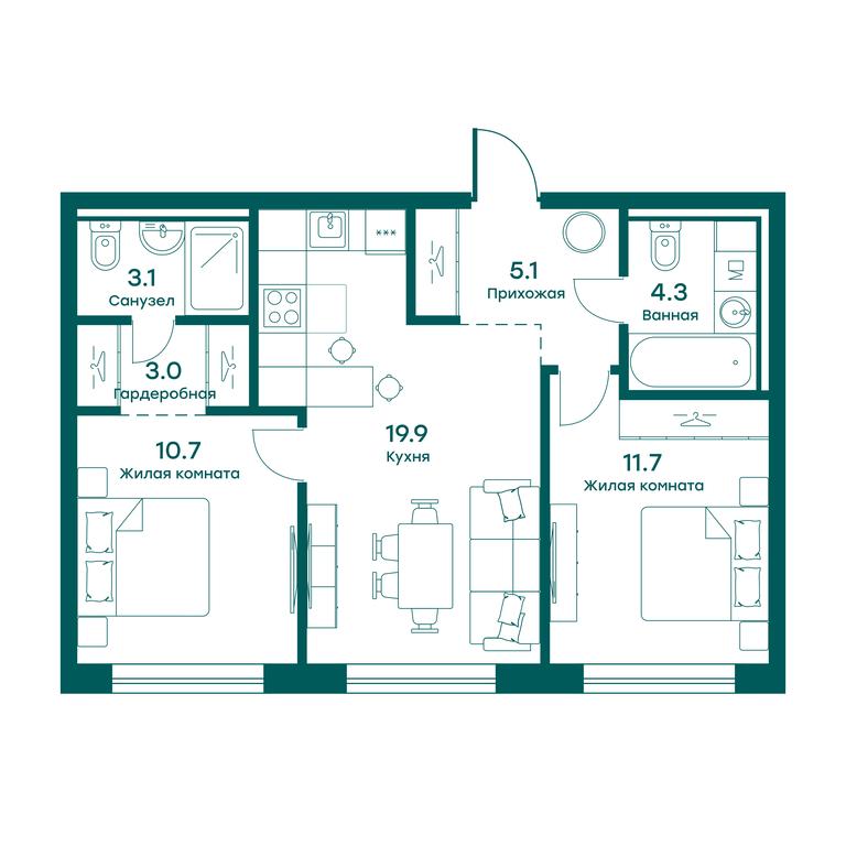 1-BD Apartment Sale, 57.8 sq. m. at Ravnovesie, zhiloy kompleks Ravnovesiye, selo Perkhushkovo, Odintsovskiy City District, Moscow Region, Russia #1