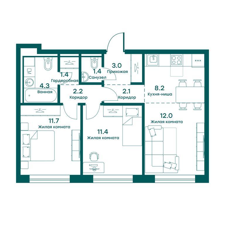 2-BD Apartment Sale, 57.7平方米 at Ravnovesie, zhiloy kompleks Ravnovesiye, selo Perkhushkovo, Odintsovskiy City District, Moscow Region, Russia #1