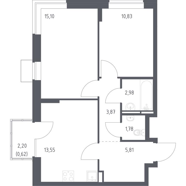 1-BD Apartment Sale, 54.54平方米 at Bogdanovskiy Les, derevnya Bogdanikha, Leninskiy City District, Moscow Region, Russia #1